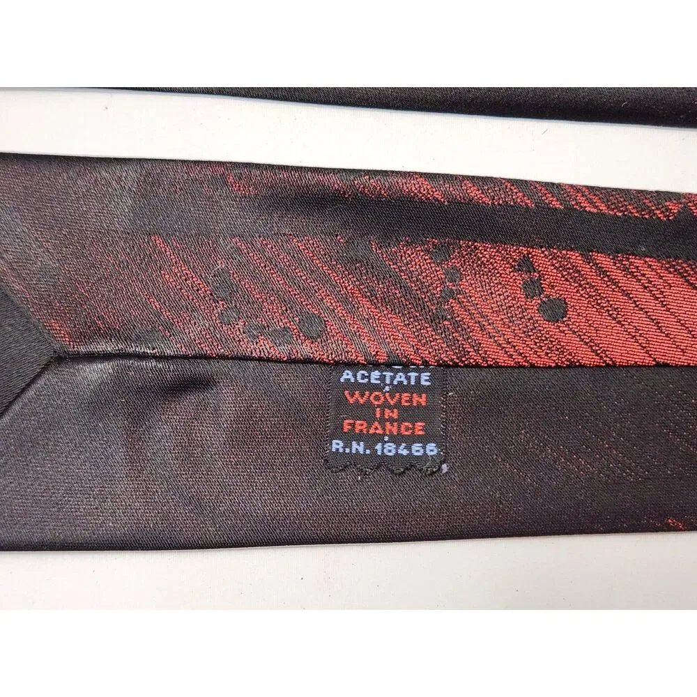 Vintage Acetate Necktie Made in France Black Red Abstract Pattern RN 18466